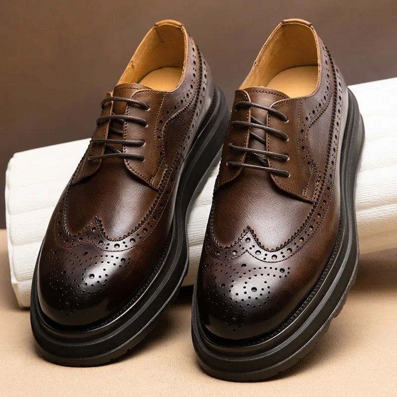 British Men’s Leather Shoes – Thick Sole Retro Brogues for Wedding & Business - Valmmont